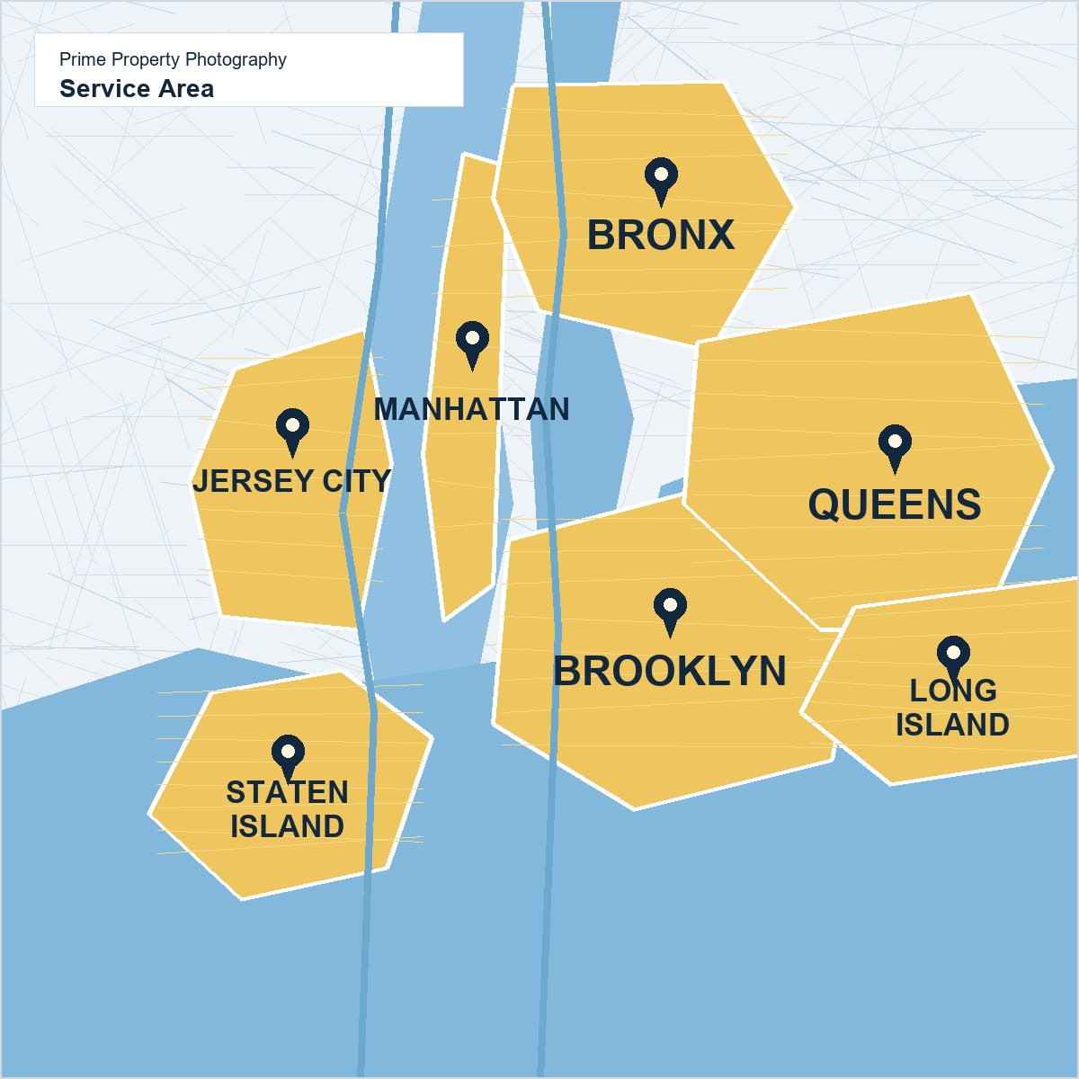 Prime Property Photography service area map highlighting Manhattan, Bronx, Jersey City, Staten Island, Brooklyn, Queens, and Long Island