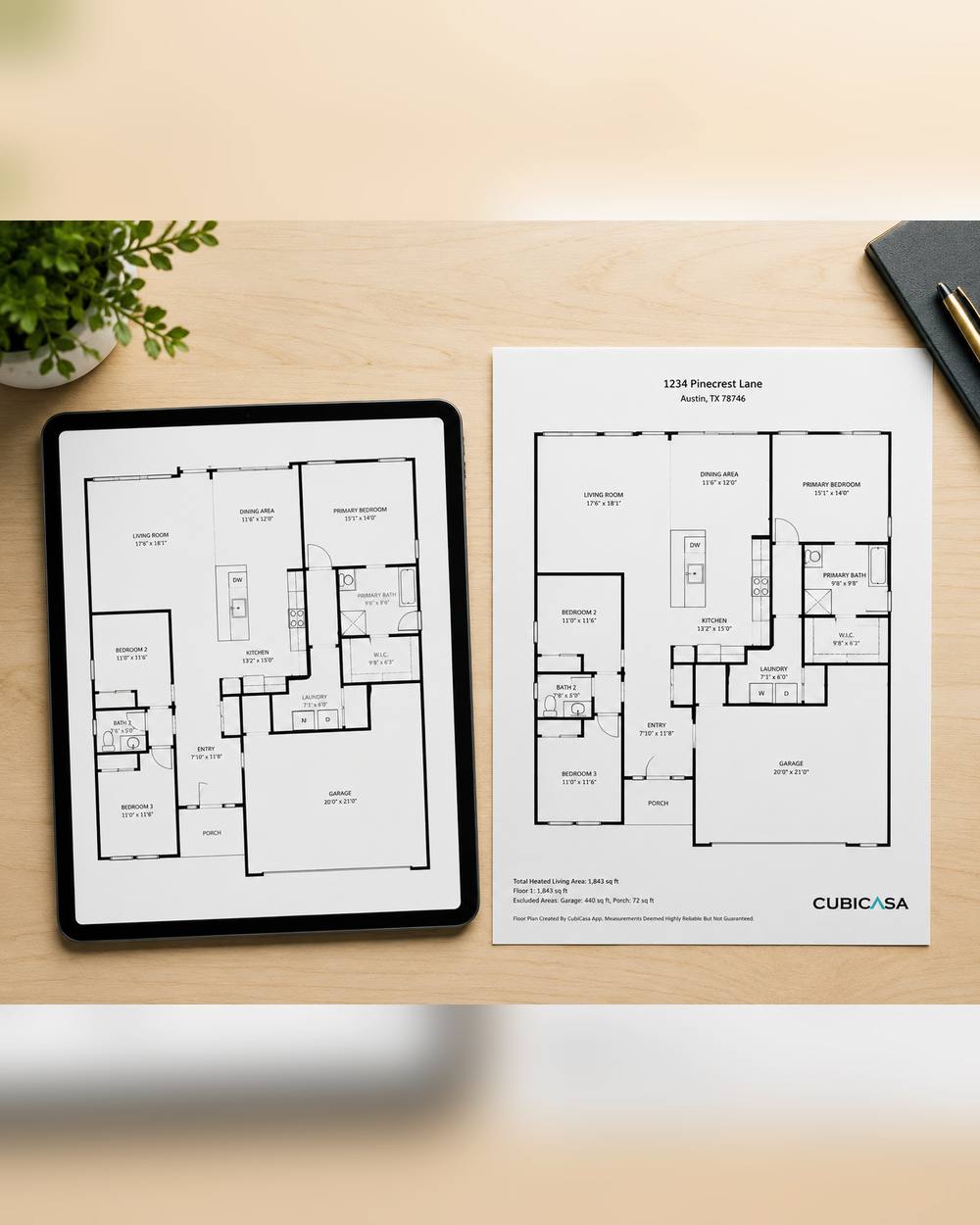 CubiCasa floor plan displayed on a tablet beside a printed property floor plan