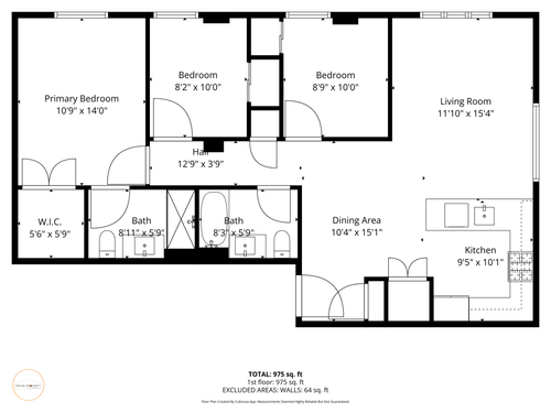 Sample three-bedroom floor plan with living room, dining area, kitchen, and two bathrooms.