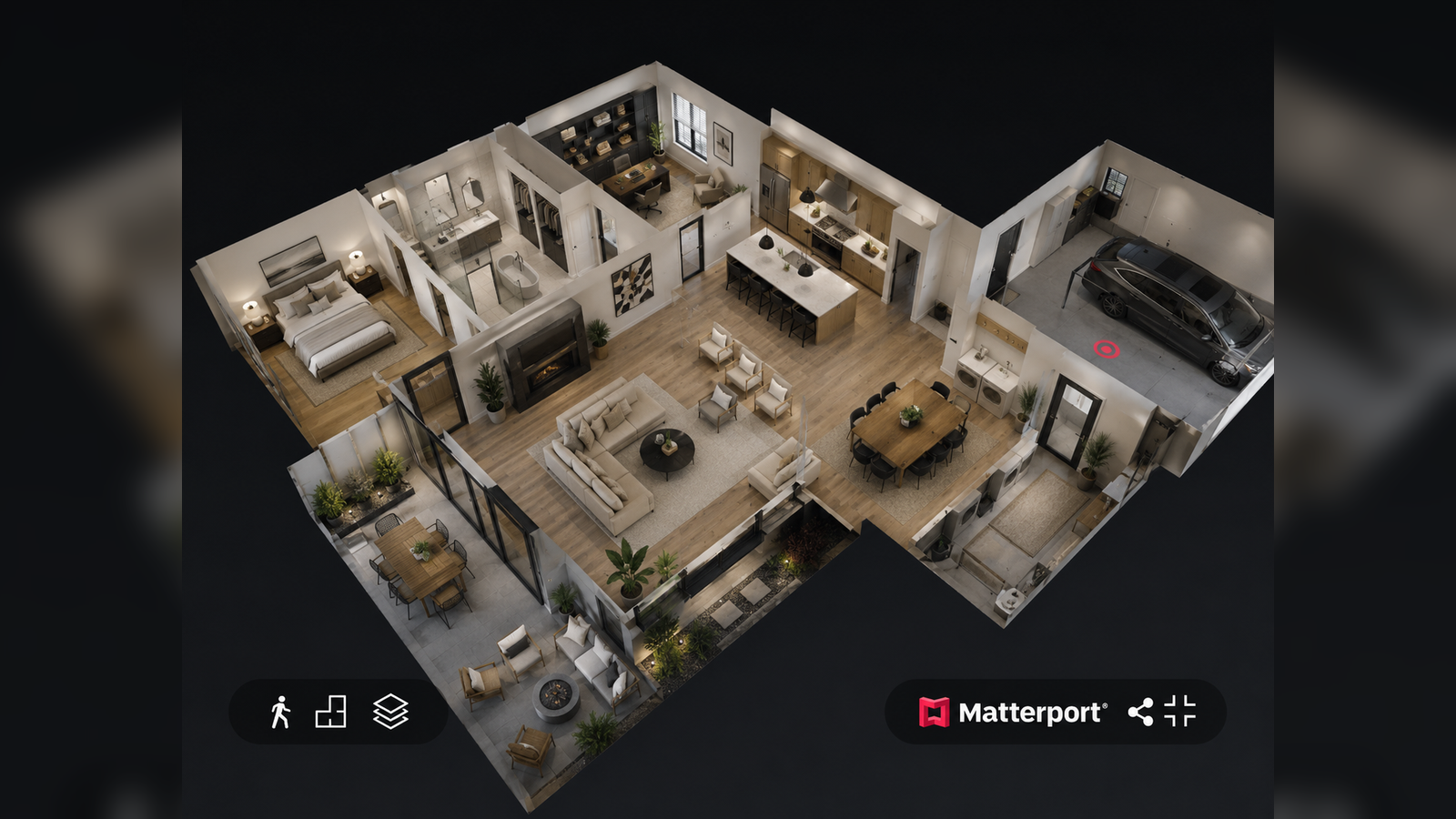 Matterport dollhouse view showing the full property layout from above