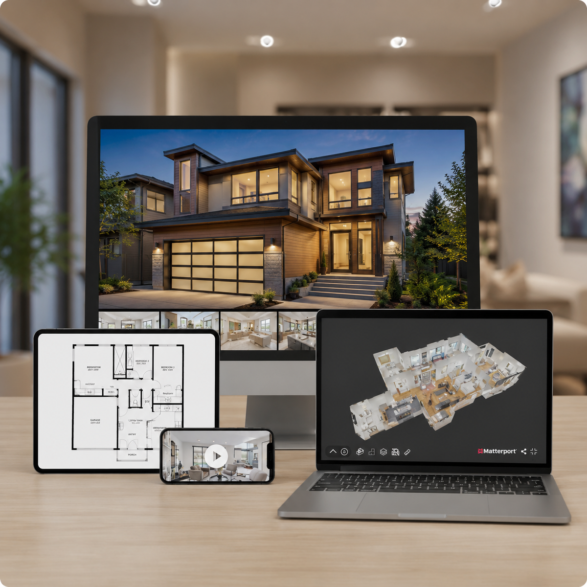 Matterport tour, floor plan, and listing media shown across multiple devices