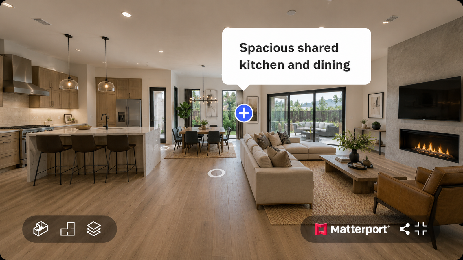 Matterport callout showing shared kitchen and dining area in an open living space