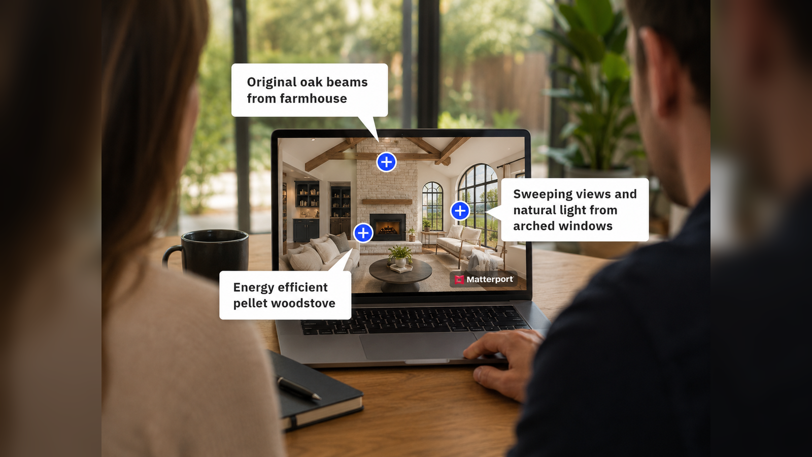 Matterport feature tags highlighting property details on a laptop tour presentation