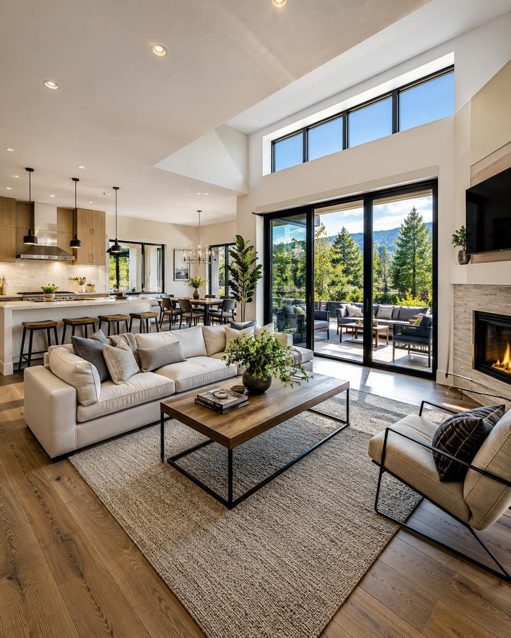 Real estate photography of a bright luxury living room with open kitchen and outdoor view