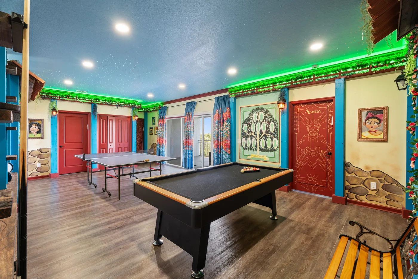 Colorful game room with pool table photographed for a New York City property listing.
