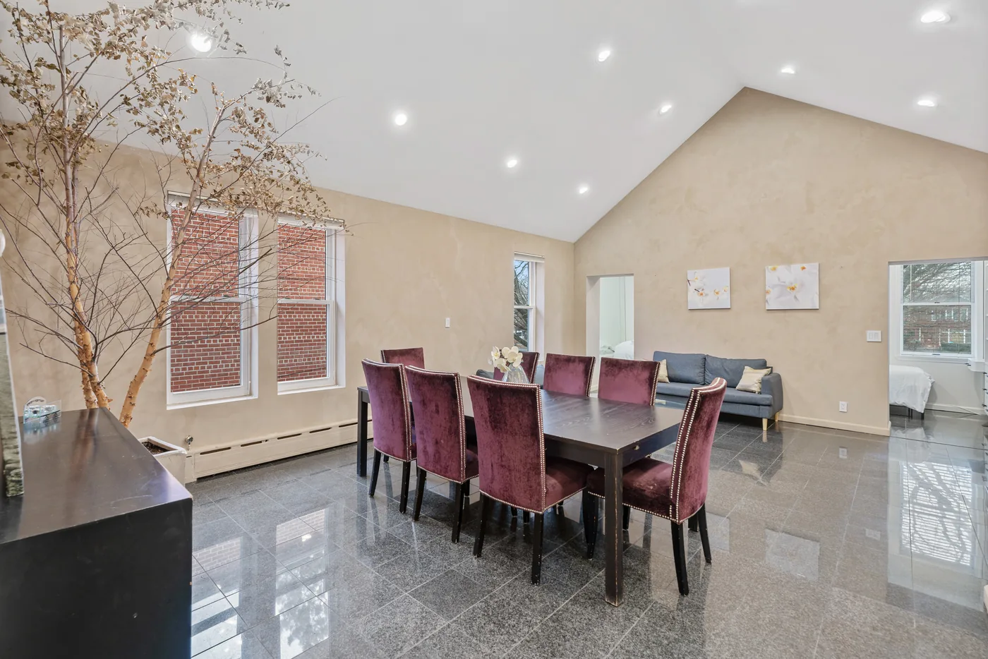 Large event dining room photographed for a New York City property listing.